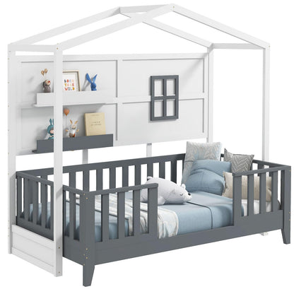 Giantex Twin House Bed, Solid Wood Montessori Bed Frame with 2 Storage Shelves, Fence & House Roof, Wood Slat Support, Low Twin Bed Frame for Kids Teens Girls Boys, No Box Spring Needed, White & Grey