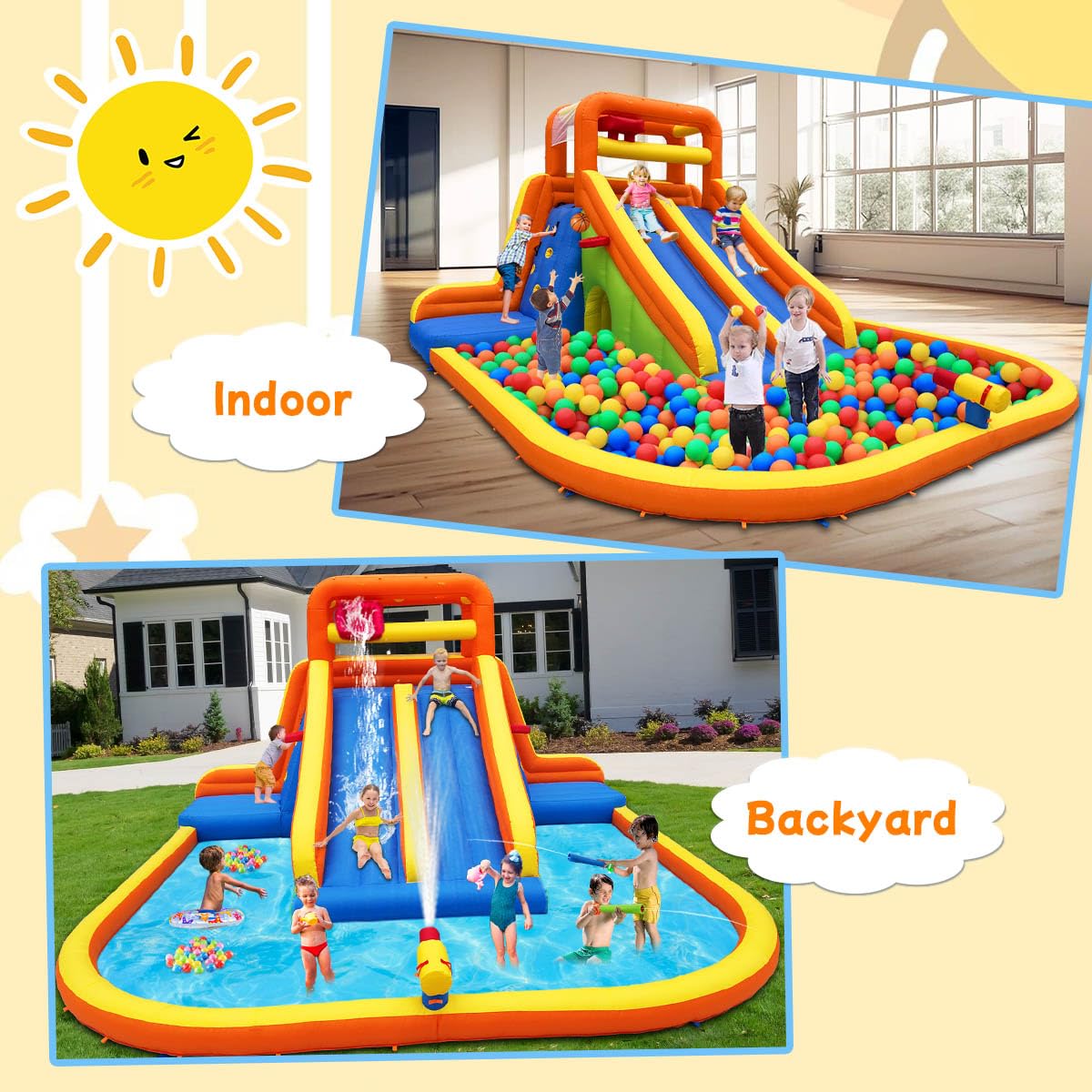 HuaKastro 15.6x15FT Giant Water Slide for Big Kids 5-12, Inflatable Water Park with Big Splash Pool, Dual Tall Slides & 2 Climb Walls for Racing Fun, W/Surprise Water Dump Bucket, Hide&Seek Cave