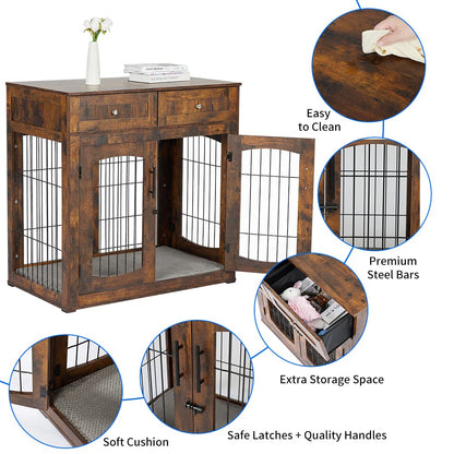Dog Crate Furniture with Double Drawers, Wooden End Table Dog Kennel, Furniture Style Wood House Crate for Large Dogs, Decorative Dog Crate with Storage for Large Breed, 40 Inch Retro