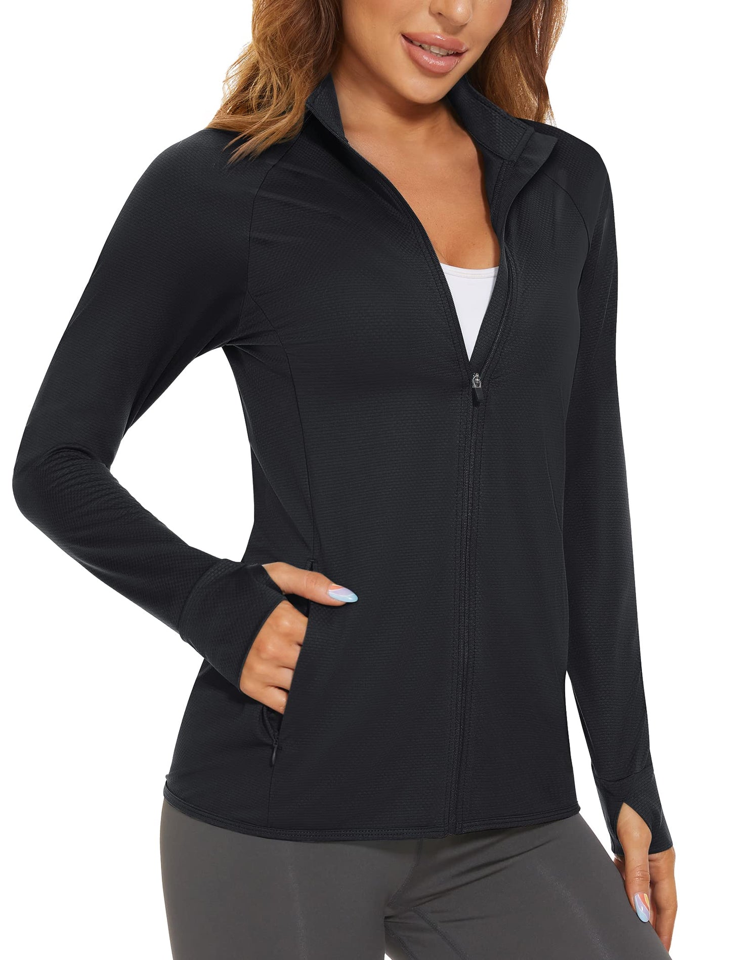 MAGCOMSEN Women's UPF 50+ Lightweight Athletic Jacket Sun Protection Full Zip Long Sleeve Shirts Hiking Outdoor Pockets Black L