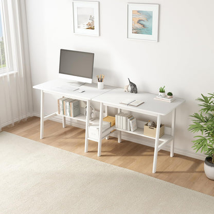 NELYE 2-Person Writing Desk with Bookshelf - 79" Wooden Extra Long Home Office Work Table, Double Study Computer Workstation with Storage Shelves in White, 79" W x 24" D