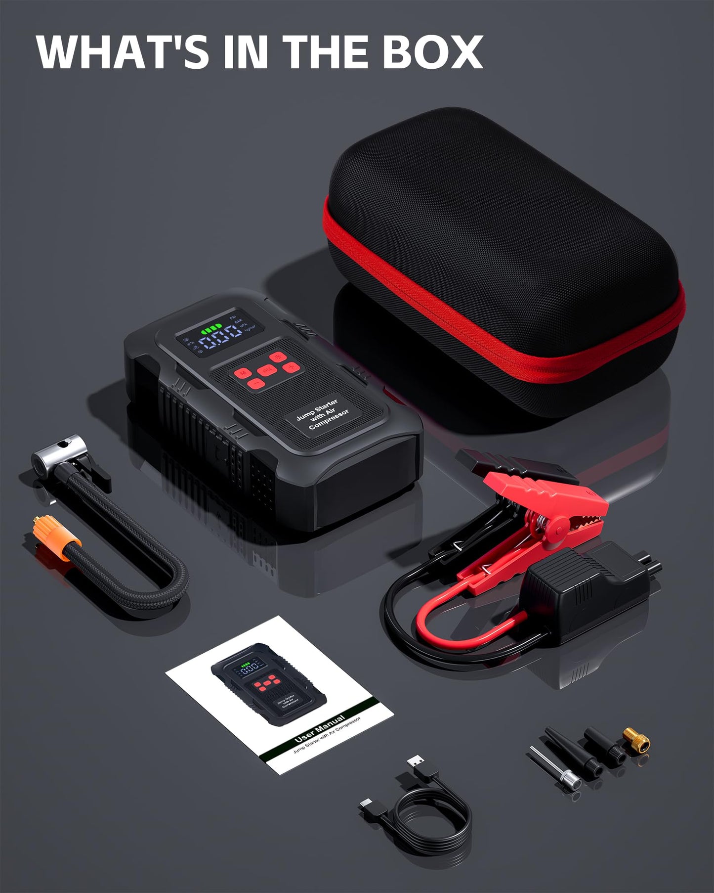 HPBS 5000A Jump Starter with Air Compressor, Portable Car Battery Jump Starter with 150 PSI Tire Inflator for Up to 10.0L Gas and 8.0L Diesel Engines, 12V Jump Box Battery Charger Booster(Red)