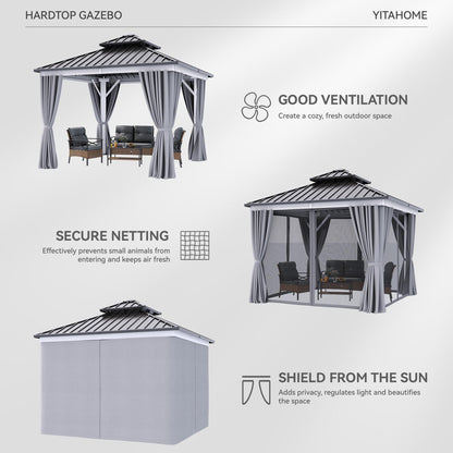 YITAHOME 10X10FT Gazebo Patios Hard Top Outdoor Double Roof Canopy Aluminum Frame Metal Top Garden Gazebo with Curtains Netting for Backyards Decks Lawns, White