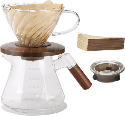 Pour Over Coffee Maker, 20 oz Borosilicate Glass Set with 100 pcs V60 Paper Filter, Walnut Collar
