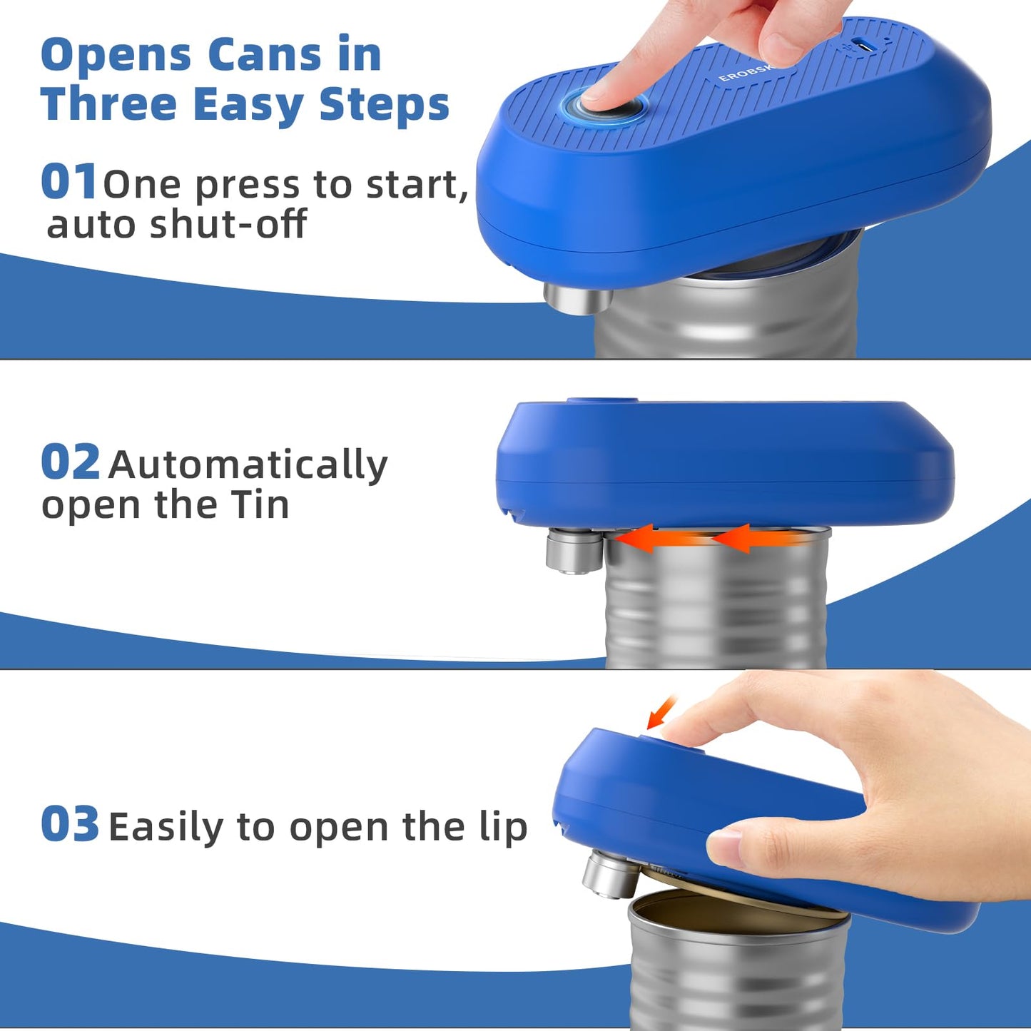 EROBSKJ Auto Electric Can Opener, Rechargeable Can Openers for Seniors & Arthritis, One-Touch Automatic Can Opener, Hands-Free, Smooth Edge, Compact,Small - Auto Stop，Blue