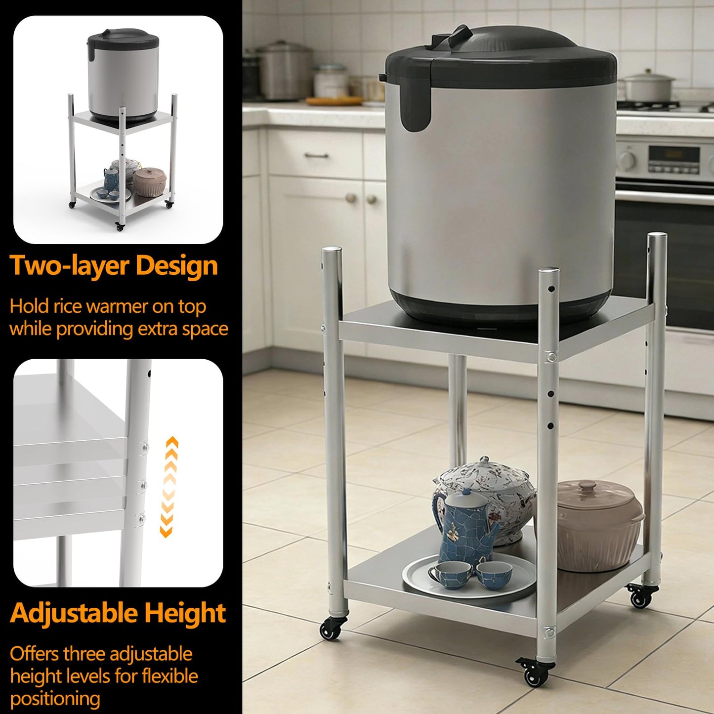 Stainless Steel Rice Warmer Stand–20"x20" SS Two-Tier Cart with Adjustable Upper Shelf & 4 Swivel Casters (2 Locking) Store&Move Cooking Equipment Multi-Purpose Mobile Station for Indoor/Outdoor