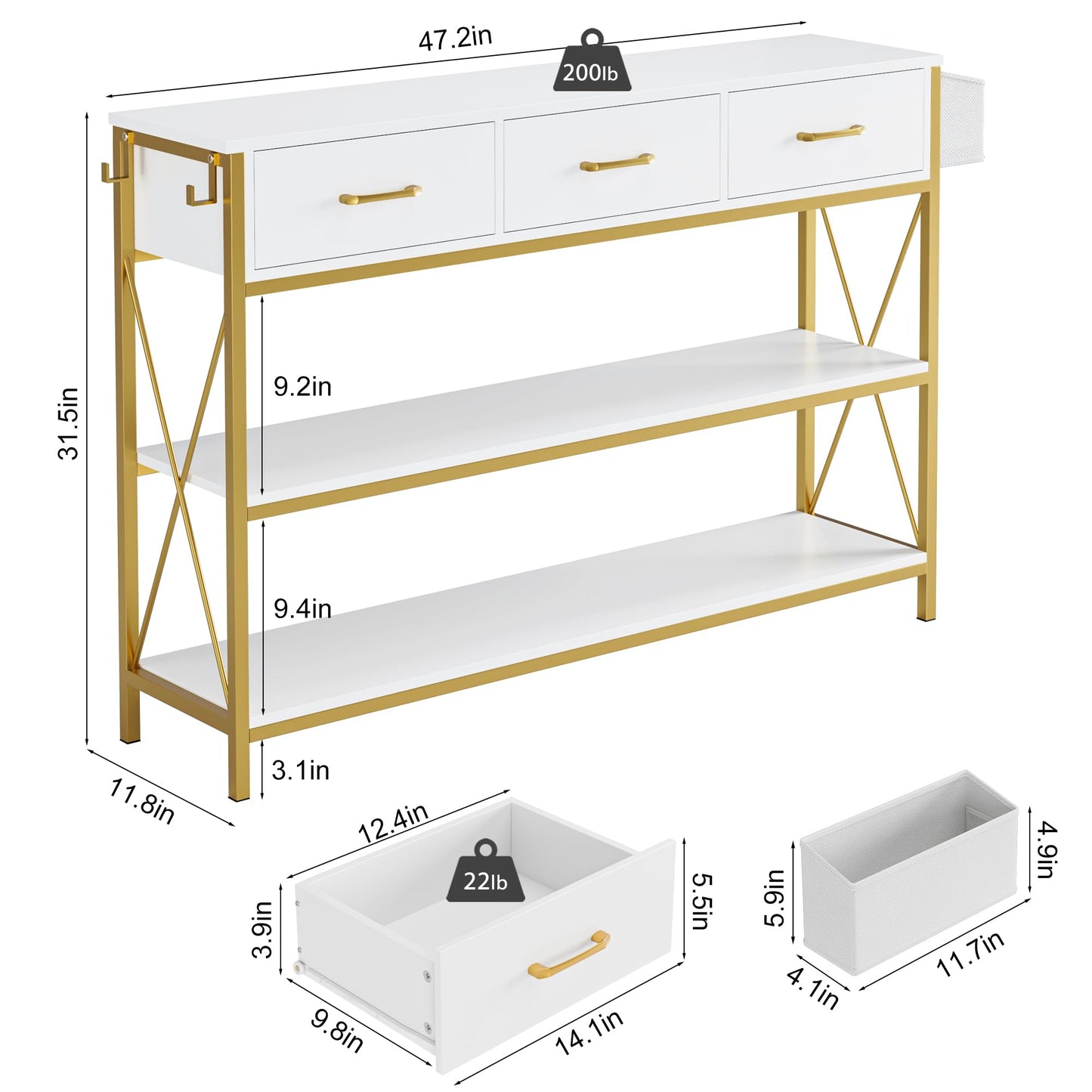 HITHOS Tall Bookshelf, Industrial Console Table with Drawers and Ladder Shelves, Free Standing Storage Cabinet Kitchen Bakers Rack with Microwave Oven Stand for Home Office, White Gold