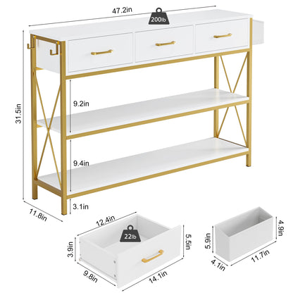 HITHOS Tall Bookshelf, Industrial Console Table with Drawers and Ladder Shelves, Free Standing Storage Cabinet Kitchen Bakers Rack with Microwave Oven Stand for Home Office, White Gold