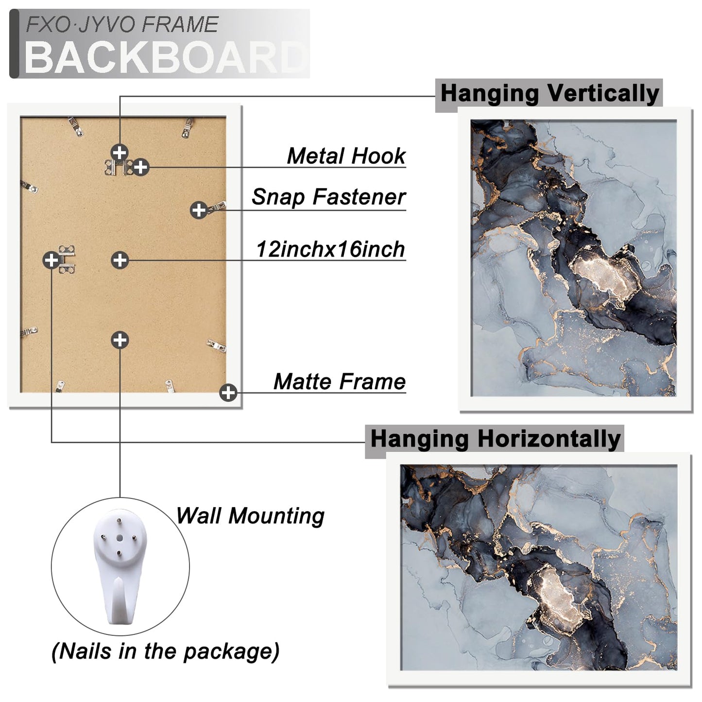Fxojyvo White 12 x 16 Frame Set of 2, Display Picture 10x14 with Mat or 12x16 Without Mat, Wall Hanging Large Picture Frame for Diamond Art Painting 30x40 cm - 2 Packs