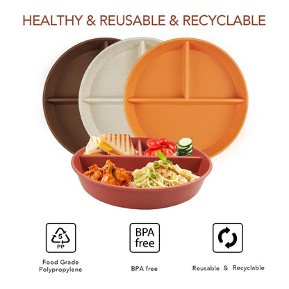 greenandlife 9 Inch 4PCS Portion Control Plates with Lids, Divided Plates for Kids Adults, Dishwasher Microwave Safe Compartment Plate Set, Unbreakable Lightweight Reusable Wheat Straw Plate, Sunset