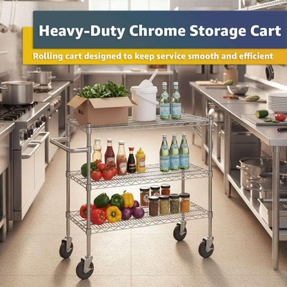 18" x 41 3/4" x 39" Commercial NSF Chrome 3 Shelf Metal Utility Cart with U-Shaped Handle - Heavy-Duty Wire Rolling Cart with Casters, Mobile Serving Storage Cart for Warehouse, Office, Kitchen
