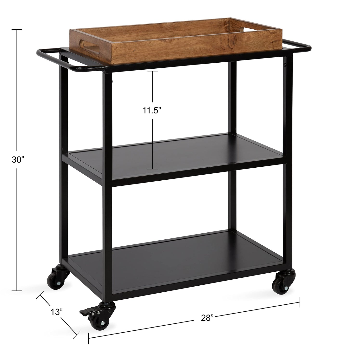 Kate and Laurel Giles Modern Bar Cart; 28 x 13 x 30; Rustic Brown and Black; Decorative Farmhouse Two-Tier Bar Carts with Locking Wheels for Serving; Storage; and Display