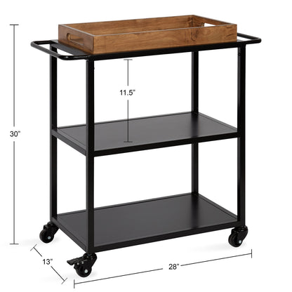 Kate and Laurel Giles Modern Bar Cart; 28 x 13 x 30; Rustic Brown and Black; Decorative Farmhouse Two-Tier Bar Carts with Locking Wheels for Serving; Storage; and Display