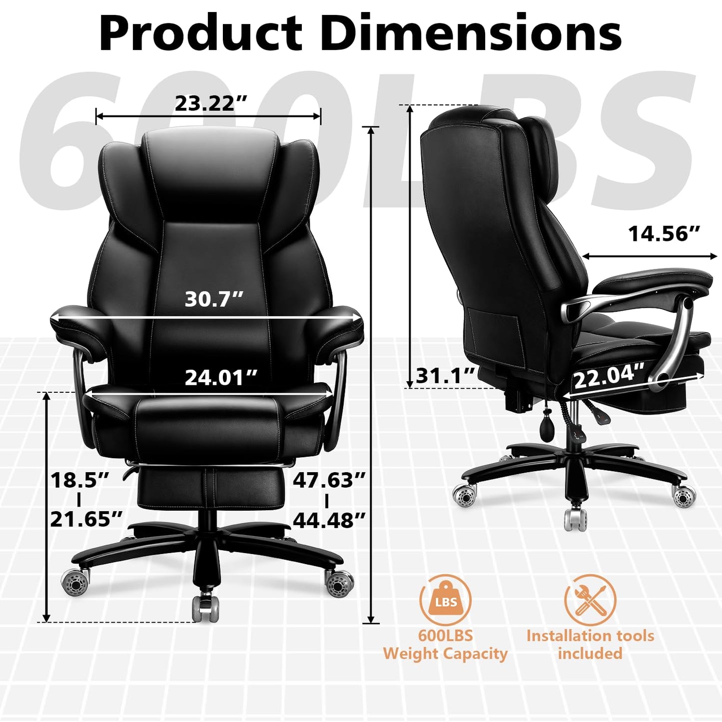 600lbs Big and Tall Office Chair for Heavy People,Heavy Duty Comfy Executive Office Desk Chair with Adjustable Lumbar Support,High Back Reclining PU Leather Computer Chair,Metal Base (Classic, Black)