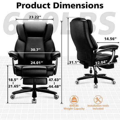 600lbs Big and Tall Office Chair for Heavy People,Heavy Duty Comfy Executive Office Desk Chair with Adjustable Lumbar Support,High Back Reclining PU Leather Computer Chair,Metal Base (Classic, Black)
