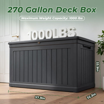 Cirui 270 Gallon Deck Box, Lockable Waterproof Storage Box, Outdoor Storage Bin for Package Delivery, Patio Cushions, Gardening Tools，Pool Accessories and Sports Equipment (Black,270 Gallon)