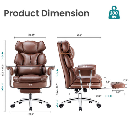 OLIXIS Home Office Desk Chair Comfy with Foot Rest, PU Leather Ergonomic Big and Tall High Back Support, 360° Swivel Wheels, Armrests and Detachable Pillow, Height Adjustable, Brown