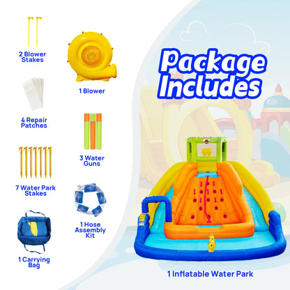 WELLFUNTIME Inflatable Water Slide, Bounce House with Water Bucket, Deep Pool, Climbing Wall with Rope, Bouncy Castle with Air Blower