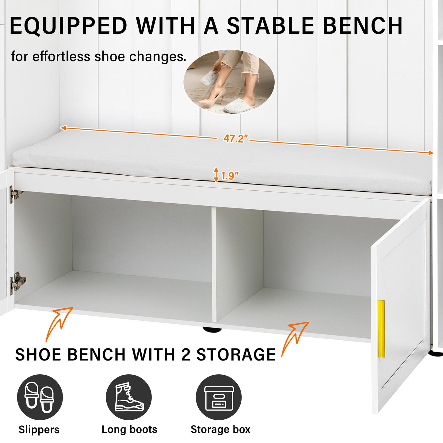 Amposei 94.49’’W Extra Large Hall Tree Cabinet with 6 Doors & 3 Drawers, Tall Entryway Organizer Shoe Storage Bench with 4 Coat Hooks & 6 Open Cubbies for Hallway Mudroom Living Room, White