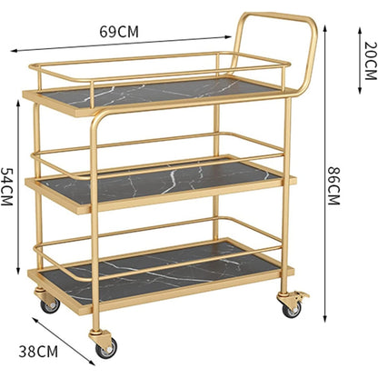 3-Tier Bar Cart with Wheels, Gold Metal Frame with Marble Pattern Shelves, Rolling Serving Trolley with Lockable Casters, Kitchen Living Room Storage Cart, 27x15x34 Inches