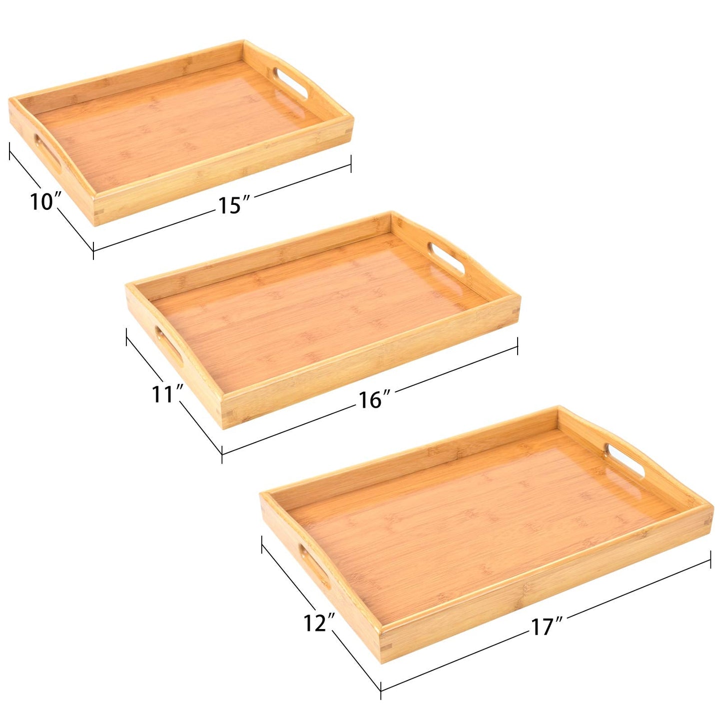 3 Pack Bamboo Serving Trays with Handles, Rectangular Kitchen Food Tray for Eating, Dinner Trays for Eating on Couch, Wood Serving Platter for Breakfast, Tea, Bar, Restaurant, Party or Bed (Beige)