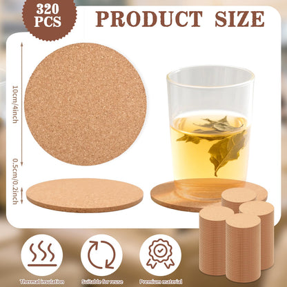 LECEHIVO 320 Pcs Cork Coasters Bulk 4 Inch Absorbent Cork Coasters DIY Blank Trivets for Dishes,Wine Glass,Kitchen,Office, Home Bar