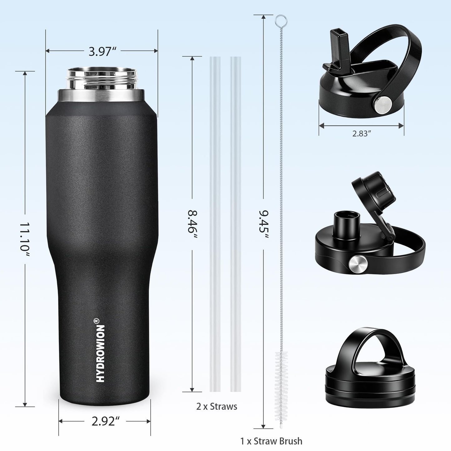 HYDROWION 40 oz Insulated Water Bottle with Straw fit in Car Cup Holder(Cold 48 hrs, Hot 24 hrs) Drinking Bottle with Straw Lid, Spout Lid and Flex Cap Leakproof Travel Thermo Mug，Black