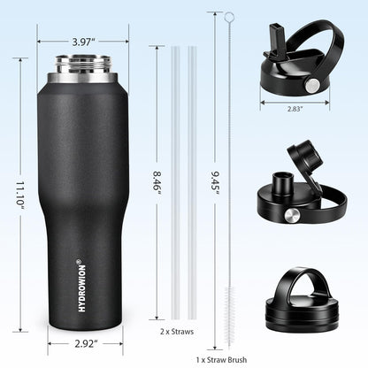 HYDROWION 40 oz Insulated Water Bottle with Straw fit in Car Cup Holder(Cold 48 hrs, Hot 24 hrs) Drinking Bottle with Straw Lid, Spout Lid and Flex Cap Leakproof Travel Thermo Mug，Black