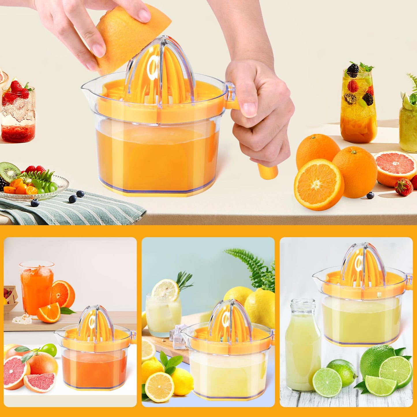 Lemon Squeezer 4-in-1 Lemon Hand Juicer - ChefVille Manual Orange Juicer Multifunctional Lemons Lime Squeezer, Citrus Juicers Press Fruit with Detachable Comfortable Handle, 16.9oz Capacity (ORANGE)