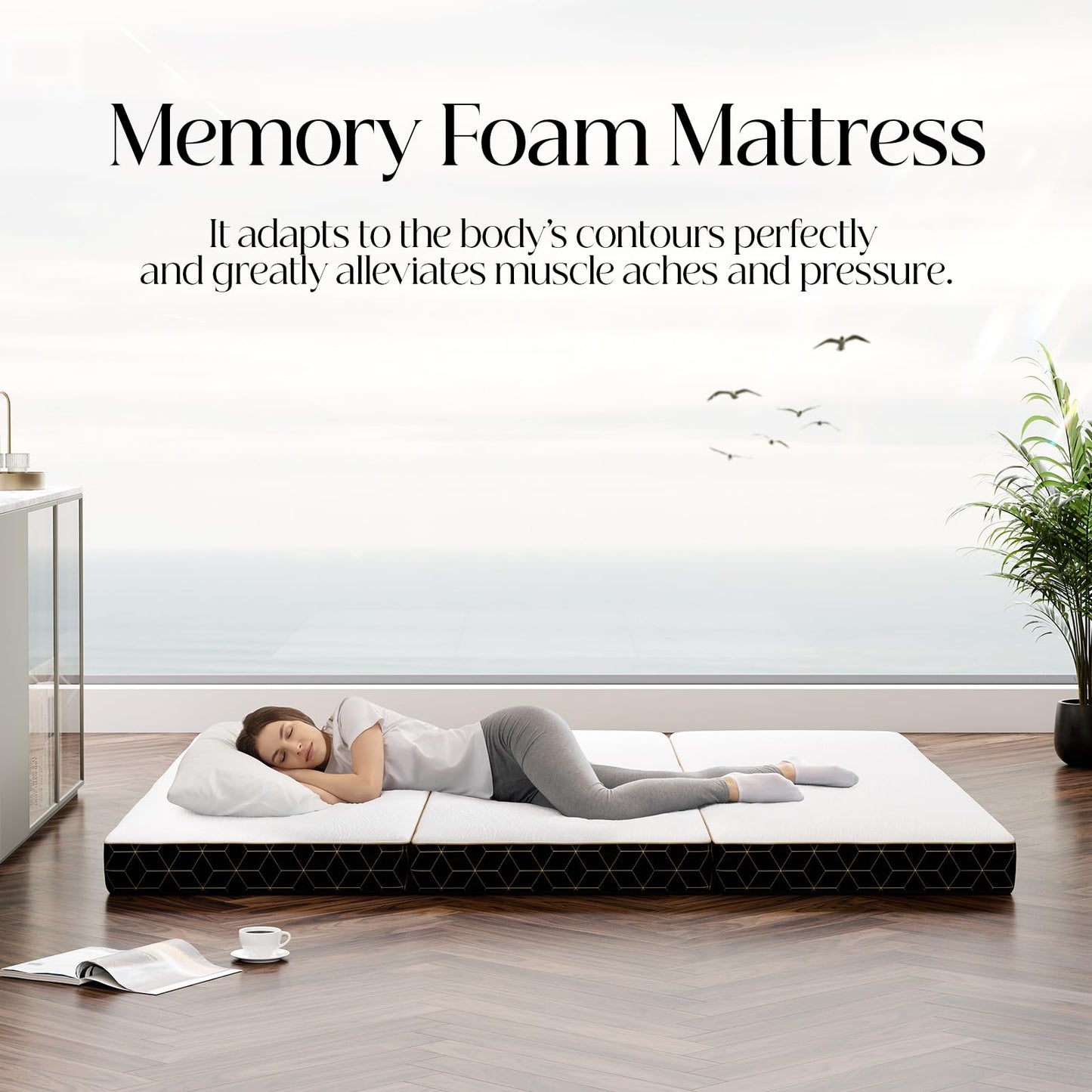 GEMBED Tri-Fold Memory Foam Mattress Queen - 4 Inch Portable Folding Mattress with Handle & Washable Cover, Floor Bed with Non-Slip Base, Space-Saving for Room, Travel, Guest Bed, RV, 78"x58"x4"