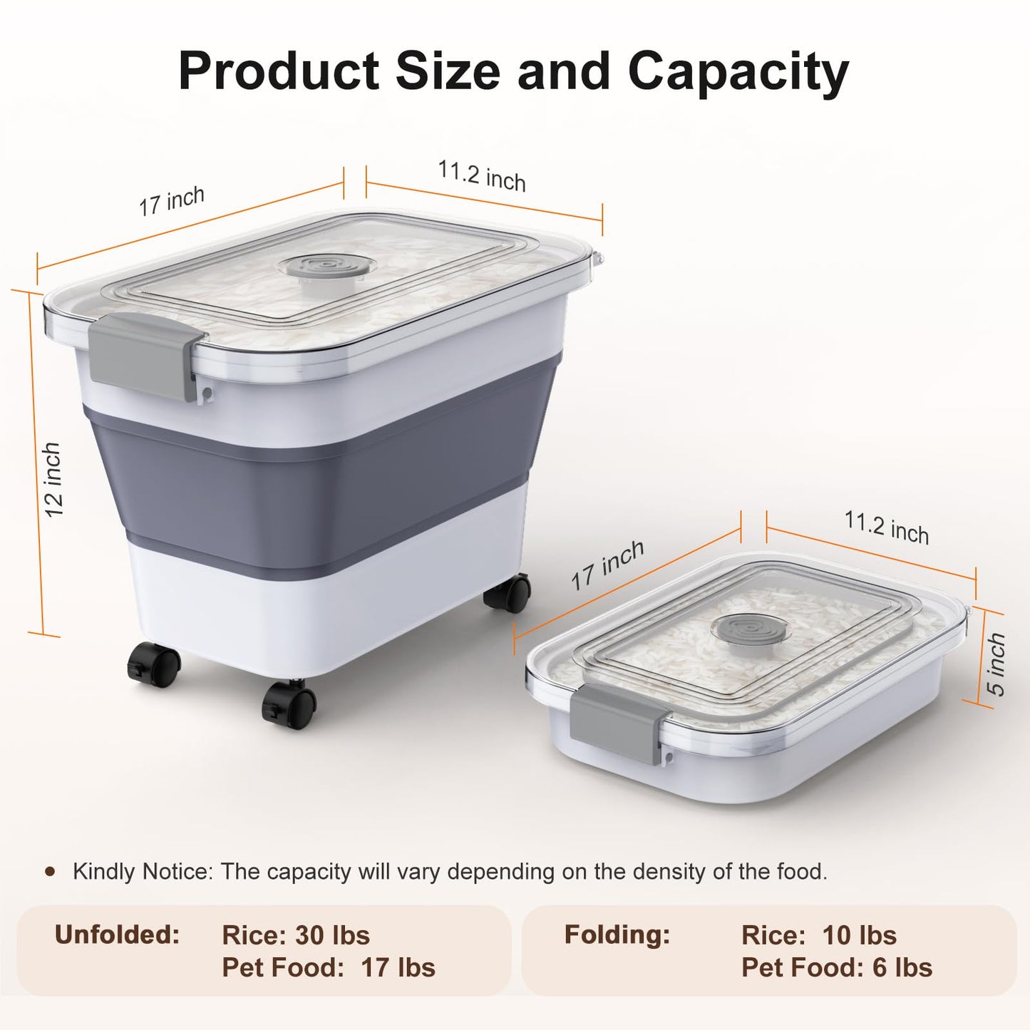 Rice Storage Container, Collapsible Airtight Food Storage Containers 20-30lbs with Clear Lid and Wheels, Rice Dispenser with Scoop for Flour Cereal Pasta Grain, Cat Pet Bird Dog Food Storage Container