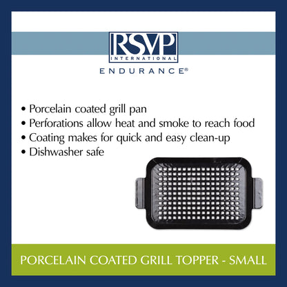 RSVP International Porcelain Coated Steel BBQ Grill Tray/Pan, Outdoor Barbeque Grilling Accessories for Cooking Fish & Vegetables, Dishwasher Safe, Small, 13x7.25"