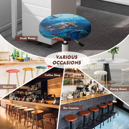 Pack 4 12 14" Kuiaobaty Round Chair Cover of pcs Turtle Theme Print Bar Stool Cover Elastic Comfy Round Seat Cover