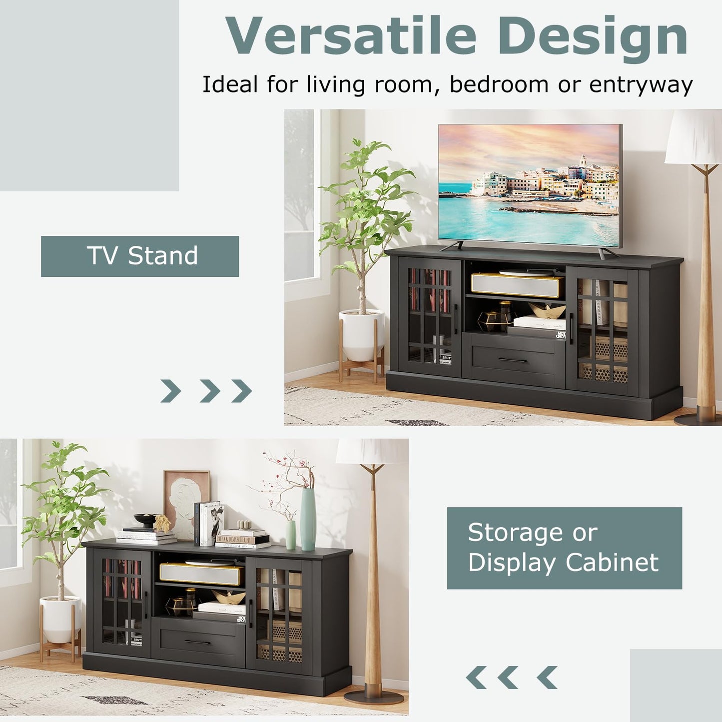LDAILY 63" Farmhouse TV Cabinet, TV Console Table w/ 2 Side Cabinets & Drawer & Cable Management Holes, Modern TV Stand for TVs up to 70", Entertainment Center for Living Room, Bedroom (Black)