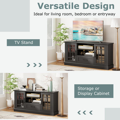 LDAILY 63" Farmhouse TV Cabinet, TV Console Table w/ 2 Side Cabinets & Drawer & Cable Management Holes, Modern TV Stand for TVs up to 70", Entertainment Center for Living Room, Bedroom (Black)