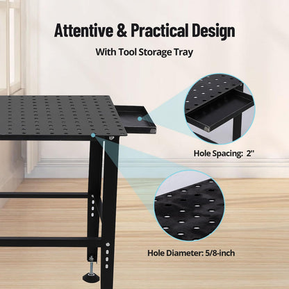 36"x24" Welding Table - Heavy Duty 1200LB Capacity Steel Workbench with Locking Casters, 5/8" Fixture Holes & Tool Tray, Portable Welding Work Table for Garage, Shop