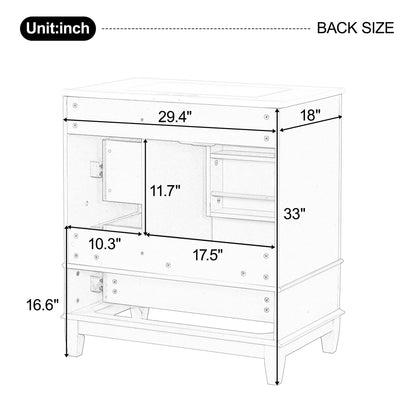 30" Bathroom Vanities with Ceramic Sink, Storage Cabinet with 3 Drawers and Door Shelf, Soft-Closing Door, Solid Wood Legs, White