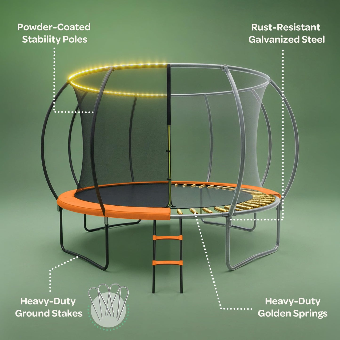 JoyBerri Trampoline Outdoor - Upsurge ASTM Certified Safe 8Ft 10Ft 12Ft 14Ft 15Ft 16Ft Recreational Trampoline for Kids and Adults. Anti-Rust Coating with Enclosure Net, Ladder, Sprinkler & LED Lights
