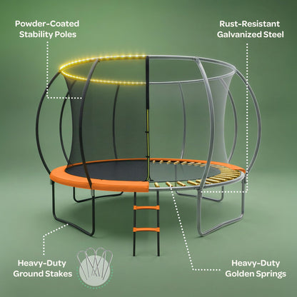 JoyBerri Trampoline Outdoor - Upsurge ASTM Certified Safe 8Ft 10Ft 12Ft 14Ft 15Ft 16Ft Recreational Trampoline for Kids and Adults. Anti-Rust Coating with Enclosure Net, Ladder, Sprinkler & LED Lights