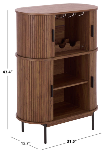 SAFAVIEH Furniture - Erdwing Bar Cabinet - Walnut & Black - Tambour Door Wine & Liquor Storage Cabinet with Glassware Rack - Ideal for Living Room, Home Bar, Dining Space (BCT3100A)