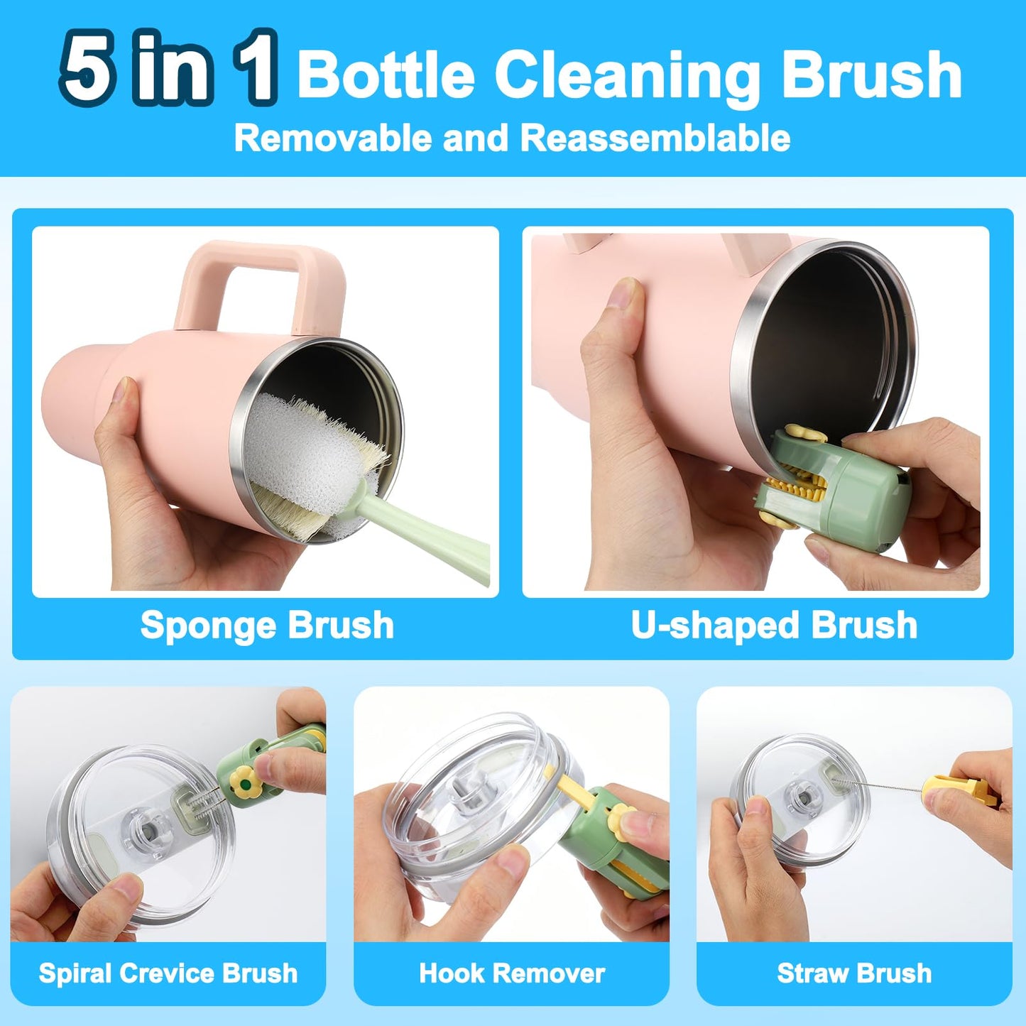 XANGNIER 5 in 1 Bottle Cleaning Brush Set,Multifunctional Water Bottle Brush and Straw Cleaner Brush,Cleaning Tool Kit for Owala/Stanley/Yeti/Simple Modern Tumbler Cup Accessories,Kitchen Gadgets