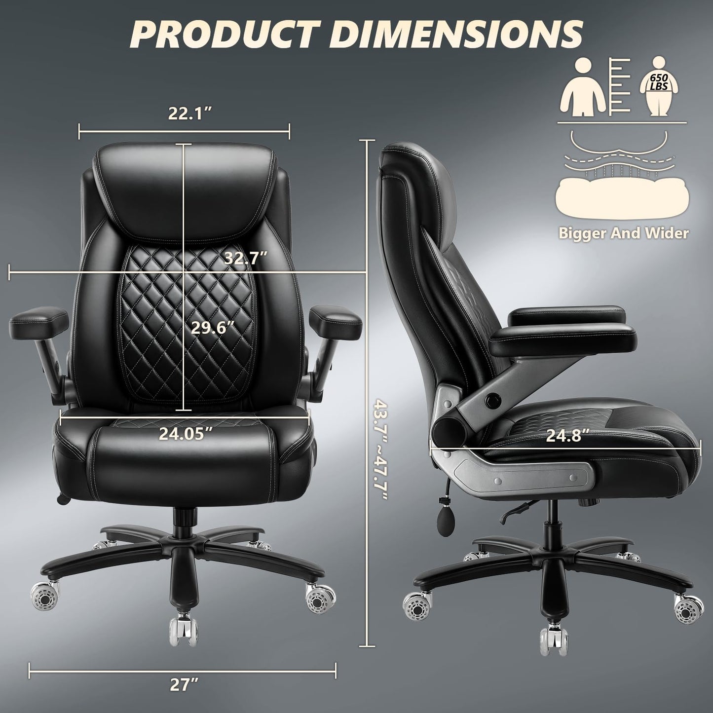 650LBS Big and Tall Office Chair with 5D Flip Arms and Thick Pocket Spring Cushion, Extra Wide Heavy Duty Office Chair & Adjustable Lumbar Support, Large High Back Computer Chair Dual Rubber Wheel