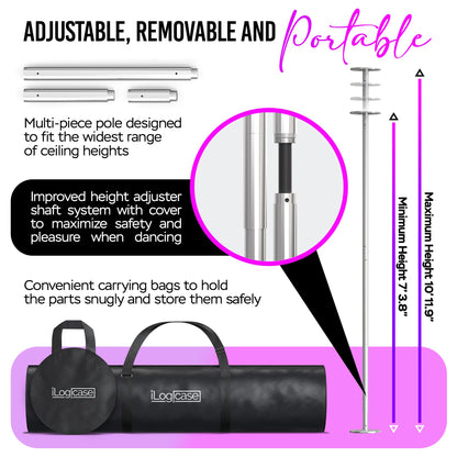 ILOGICASE Spinning Dancing Pole for Home | Portable and Heavy Duty 45mm Dance Pole Apartment Friendly, Adjustable Height 7ft to 11ft, w/Pole Conditioning Bands Set, LED Light and Carry Bags (Chrome)
