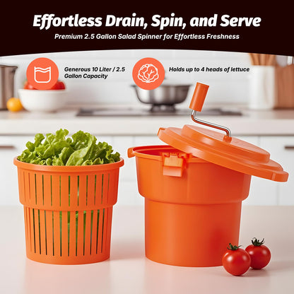 CMI 2.5 Gal/10 Qt Large Commercial Salad Spinner Jumbo Manual Lettuce Dryer-Dries up to 4 Heads of Lettuce, Orange (SP-9.5)