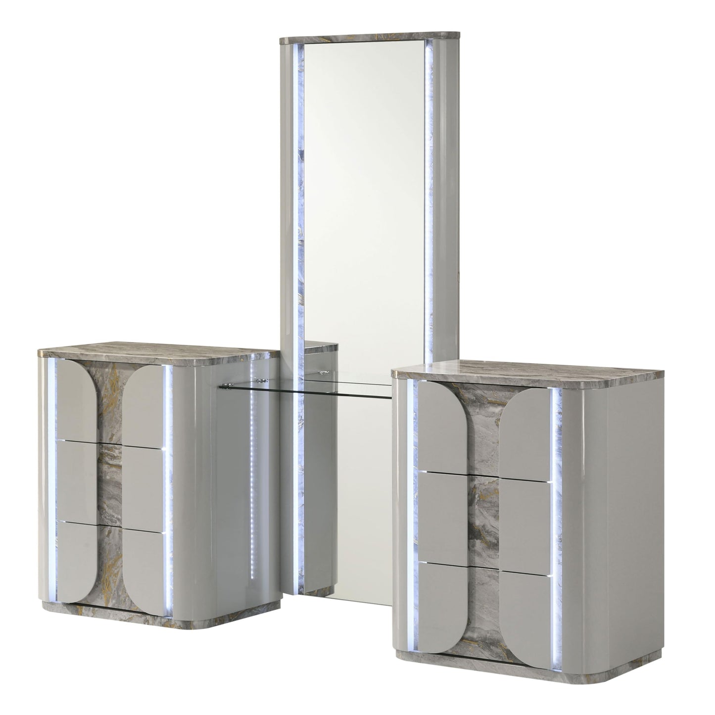 Furniture of America Bruna Modern Faux Marble 6-Drawer Makeup Vanity Set with Plush Tufting Stool, LED Full-Length Mirror and Tempered Glass Top, Wooden Dresser for Bedroom, Guest Room, Light Grey