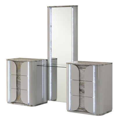 Furniture of America Bruna Modern Faux Marble 6-Drawer Makeup Vanity Set with Plush Tufting Stool, LED Full-Length Mirror and Tempered Glass Top, Wooden Dresser for Bedroom, Guest Room, Light Grey