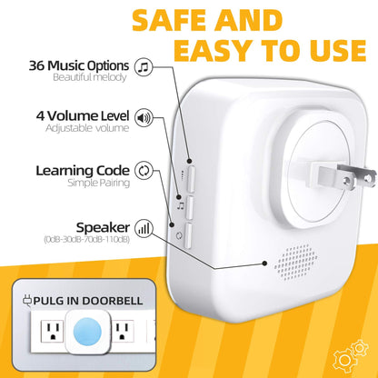 Wireless Doorbell 1200Ft Door Bells for Home with Flashing Light Hearing Impaired Door bell 1 Battery Button & 3 Plug in Receivers for Home Classroom Room Office