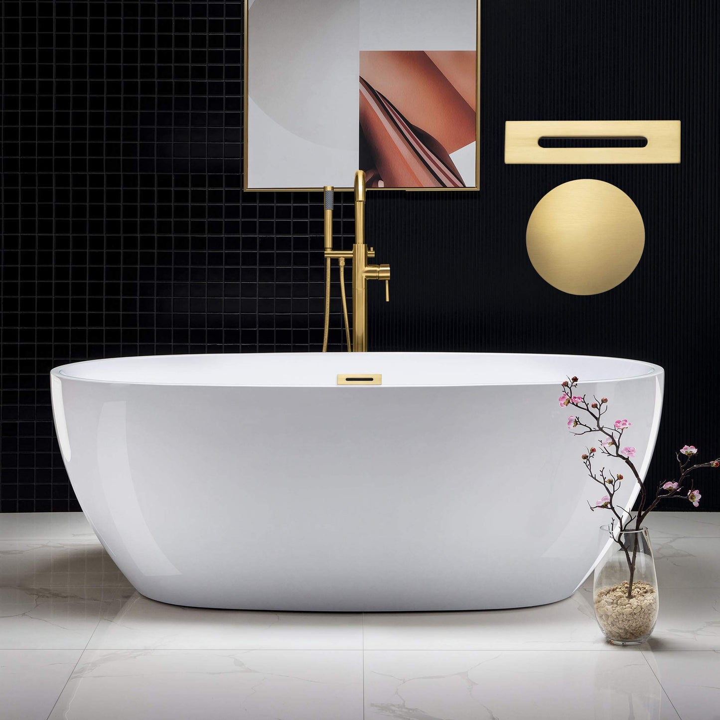 WOODBRIDGE 67" Acrylic Freestanding Bathtub Contemporary Soaking Tub, White Acrylic(Brushed Gold Drain/Overflow),BTA1528-BG