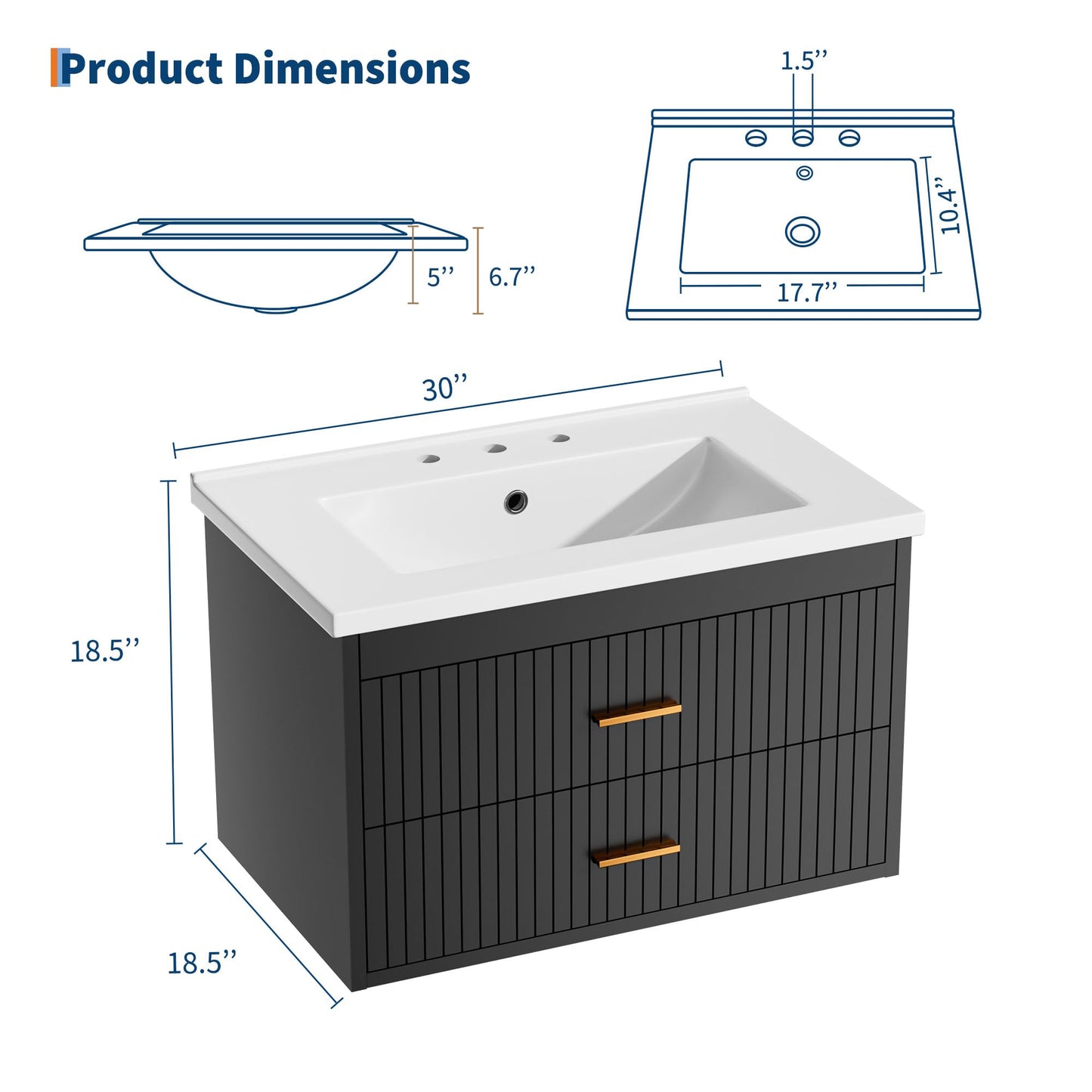 IDEALHOUSE 30 Inch Floating Fluted Bathroom Vanity with Ceramic Sink, Wall Mounted Modern Vanity Cabinet with 2 Soft-Close Drawers & Gold Handles, Easy to Assemble Black