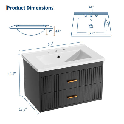 IDEALHOUSE 30 Inch Floating Fluted Bathroom Vanity with Ceramic Sink, Wall Mounted Modern Vanity Cabinet with 2 Soft-Close Drawers & Gold Handles, Easy to Assemble Black